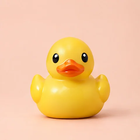 A yellow rubber duck hopping