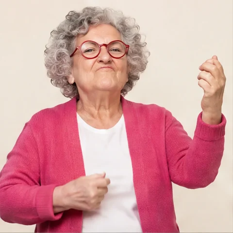 A grandmother rocking out on an invisible air guitar